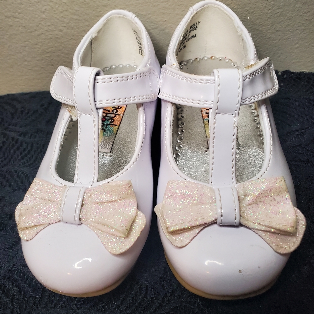 Toddler girl white dress shoes 5m glitter bow Rachel Shoes EUC - Picture 2 of 4